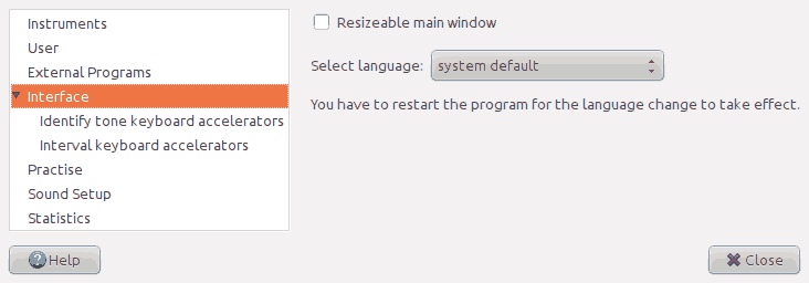 Screenshot of the 'Interface' page of the preferences window.