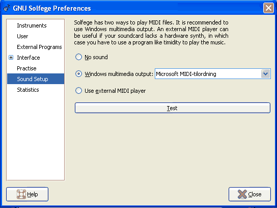 Screenshot of the 'Sound setup' page of the preferences window, running on MS Windows XP.