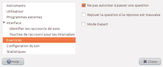 Copie d'écran de l'exercice 'Entraînement' de la fenêtre des préférences.