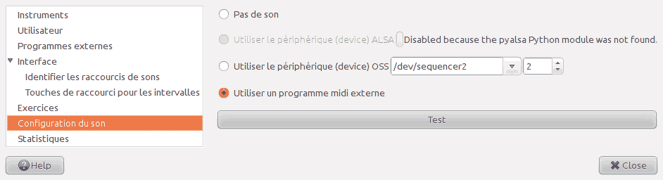 Copie d'écran de la page 'configuration du son' de la fenêtre des préférences.