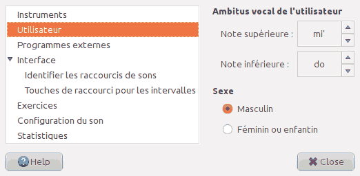 Copie d'écran de la page 'Utilisateur' de la fenêtre des préférences.