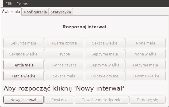 Zrzut ekranu programu do ćwiczeń interwałowych rozpoznawanych przy użyciu przycisków.