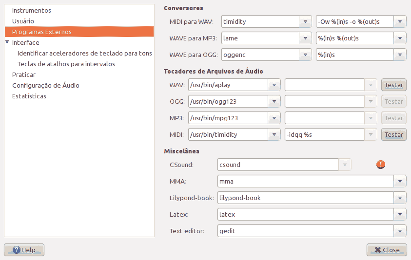 Tela da página 'Programas externos' da janela de preferências.