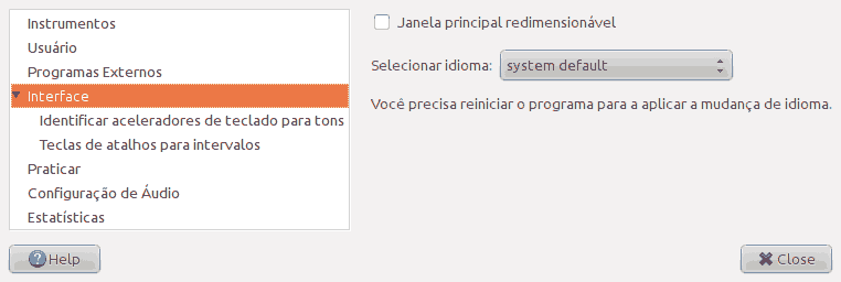 Tela da página 'Interface' da janela de preferências.