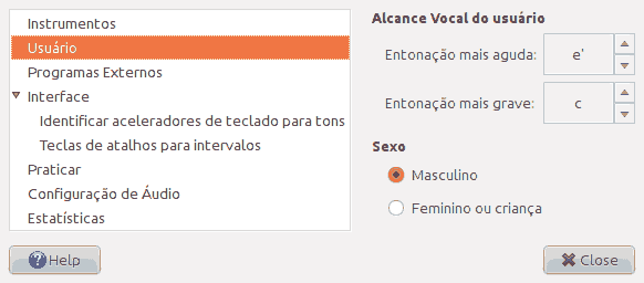 Tela da página 'Usuário' da janela de preferências.